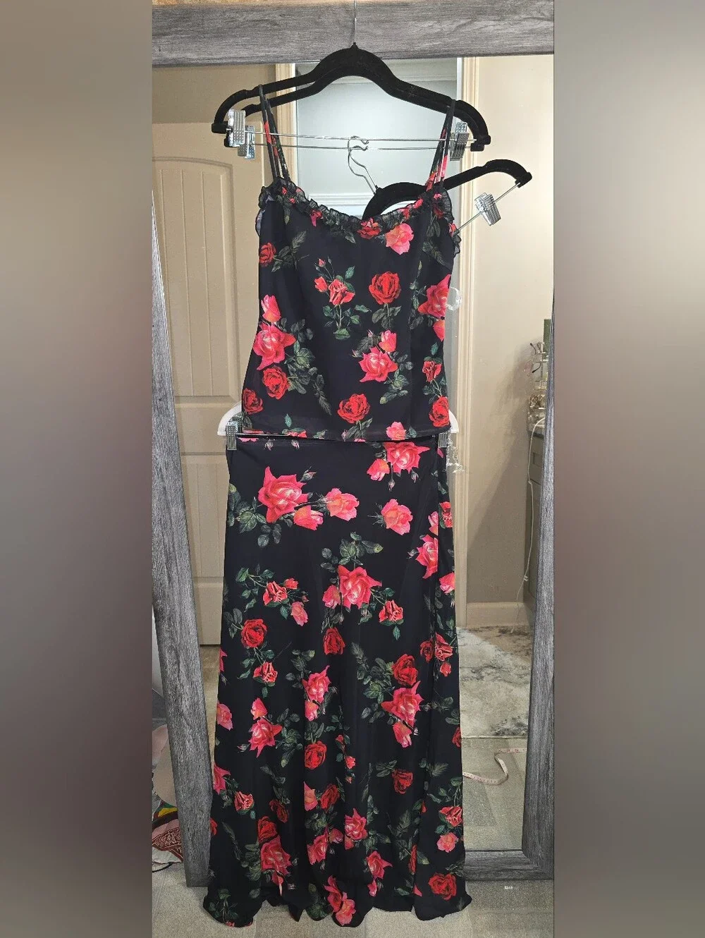 NWT Peppermayo SET Floral Camisole Maxi Skirt Black Red Roses SMALL Evening Top
